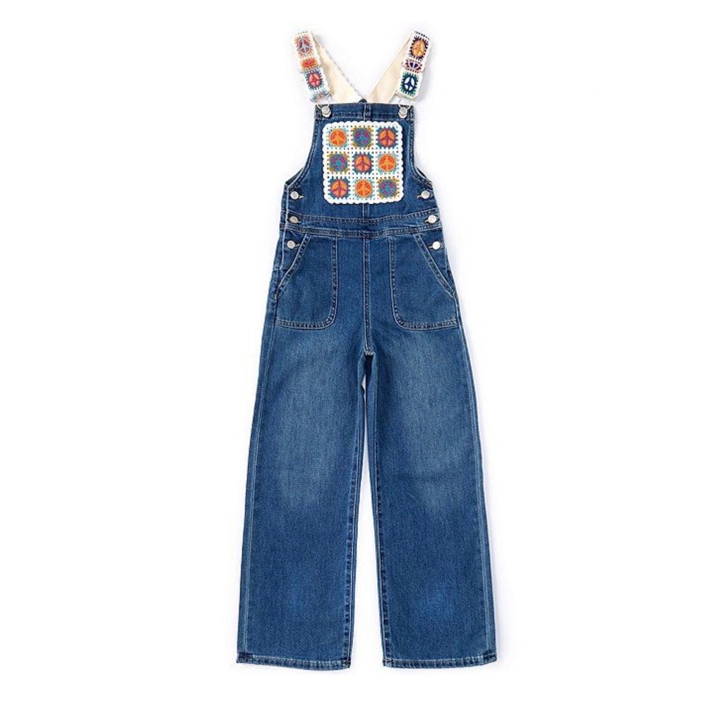 Tractr Girls Blue Denim Overalls Crochet Peace Sign Wide Leg Size 8 Boho Retro